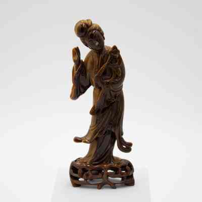 Carved Tiger's Eye Figurine of Woman Holding Flower
