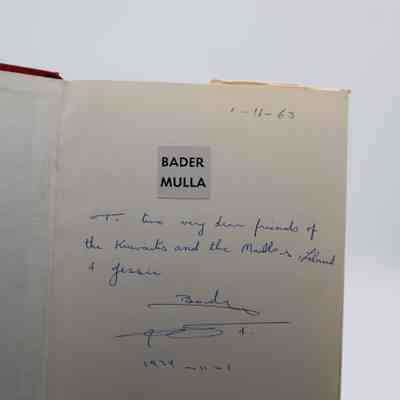 Handwritten note in "Kuwait Today: A Welfare State": In blue pen, "To two very dear friends of the Kuwaitis and the Nulla's, Leland and Jessie. 1974-11-1" A date in the top right corner says "1-11-63."