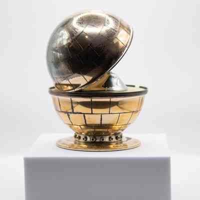 Backside of globe lighter: The image depicts the backside of a lighter resembling a globe, with its upper half open.