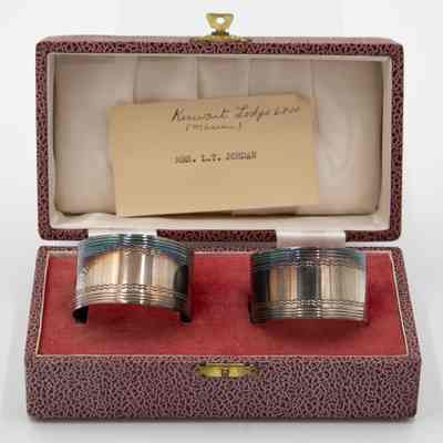 Pair of Silver Masonic Napkin Rings in Pink and Black Case