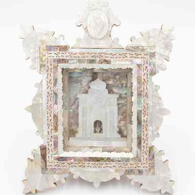 Mother-of-Pearl and Olive Wood Hindu Temple Framed Picture