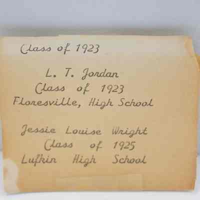Note with the Jordans' class rings.: Up close image of the yellowed note found with the Jordans' class rings. Reads "Class of 1923, L.T. Jordan Class of 1923 Floresville, High school" on the top and then "Jessie Louise Wright Class of 1925 Lufkin High School" on the bottom.