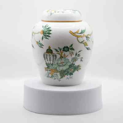 White Ginger Jar Decorated with Green and Gold Flowers in Kowloon Pattern