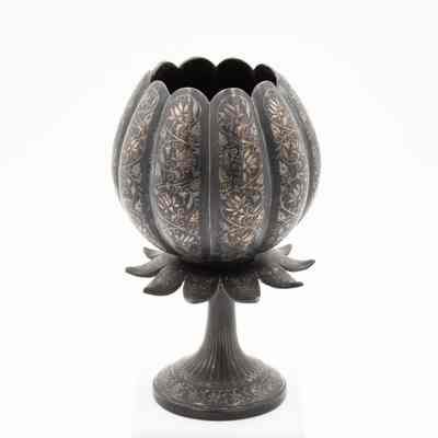 Large Burnished Metal Tulip-Shaped Stemmed Vase