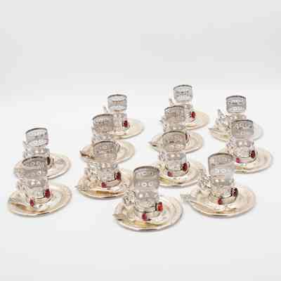 Set Glass and Silver Plated Cups, Saucers, and Spoons with Red Stones