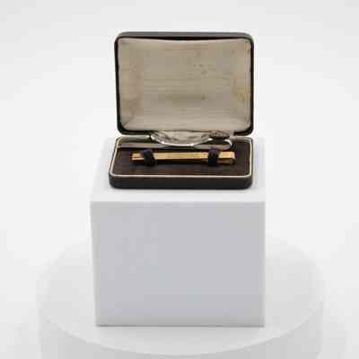 Tie bar in case: A small black case with a gold and a silver tie bar in it.