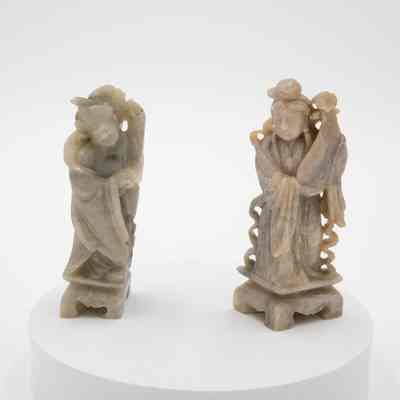 Pair of Off-White Soapstone Figurines Playing Musical Instruments