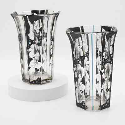 Pair of Handblown Glass Vase Decorated with Blue Leaf and Flower Design