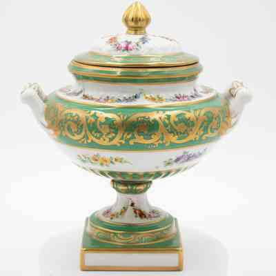 Ceramic Green and White Footed Tureen with Gold and Floral Detail