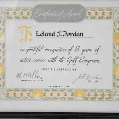 Close up of award details: "Certificate of Award; To Leland T. Jordan in grateful recognition of 15 years of active service with the Gulf Companies."