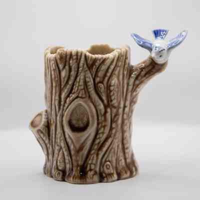 Ceramic Brown Stump with Blue Jay