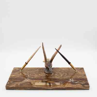 Brown Marble Pen and Pencil Desk Set with Brass Duck