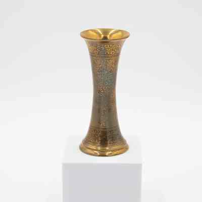 Pair of Small Skinny Brass Vase with Blue and Red Floral Motif