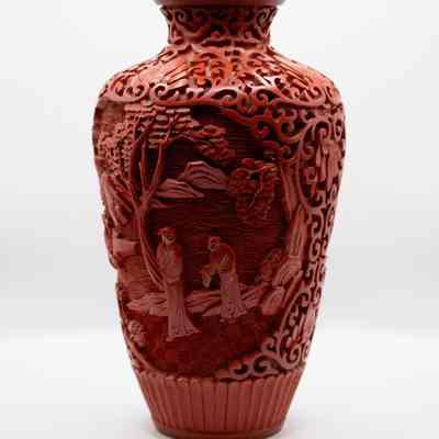 Small Red Cinnabar Carved Vase with Blue Enamel Interior