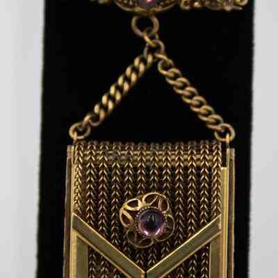 Gold and Amethyst Pin with Gold Purse Pendant