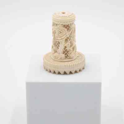 Carved Floral Ivory Round Box on Base with Lid