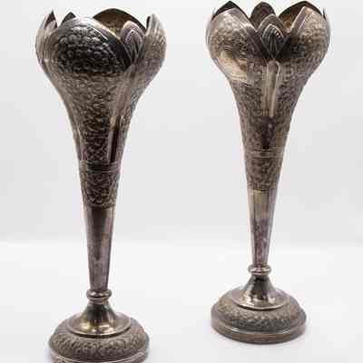 Pair of Silver Tulip Bud Vases with Arabic Inscription