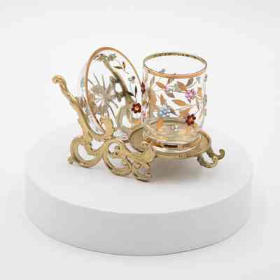 Glass Cup and Dish Set on Golden Sleigh Decorated with Colored Stones and Gold Leaves