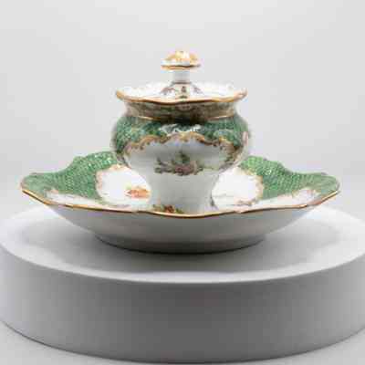 White and Green Dresden Inkwell on Plate with Cover