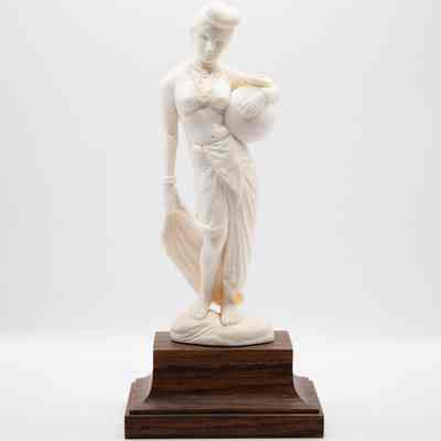 Carved Ivory Water Girl Holding Jug on Wooden Base