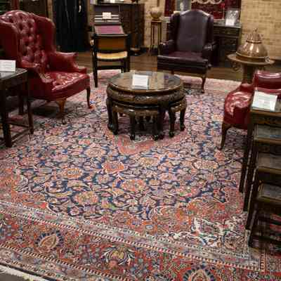Large Red and Blue Area Rug with Cream Inner Corners