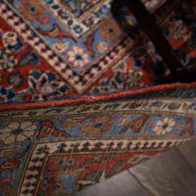 Red and blue area rug: The rug features intricate red and blue designs with floral patterns, bordered elegantly.