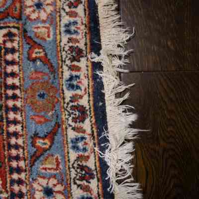 Red and blue area rug: The image shows a detailed section of a large area rug featuring red and blue patterns, cream-colored corners, and fringed edges.