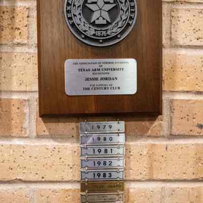Century Club plaque: The image shows a plaque honoring Jessie Jordan's donations to Texas A&M University from 1979