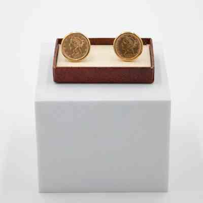 Gold Liberty Head Double Eagle Coin 14k Cufflinks in Brown Box