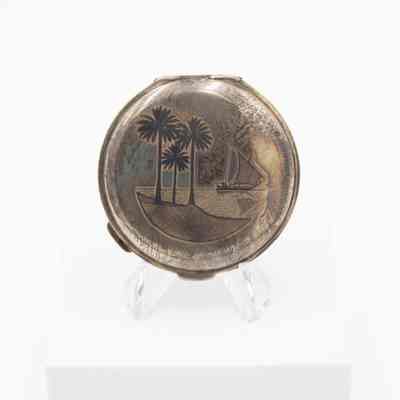 Silver Compact Engraved with Dhow and Palms Trees Scene