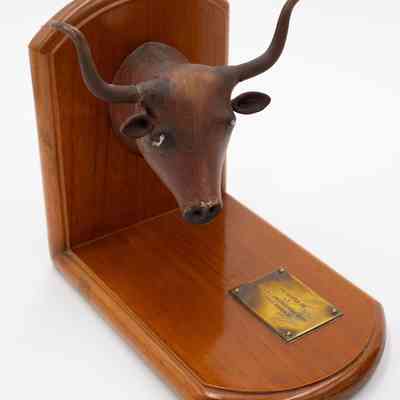 First Book End: Image of a wooden bookend with a bull head and a plaque mounted on the base. White eyes are painted on the bull head.