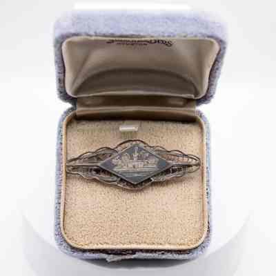 Diamond-Shaped Silver Pin with Oasis Scene in Light Blue Case