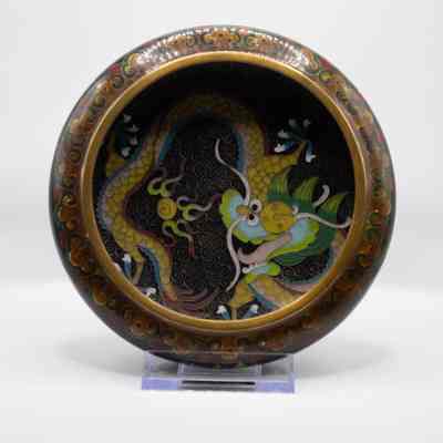 Black Enamel Bowl with Gold Dragon on Wood Stand