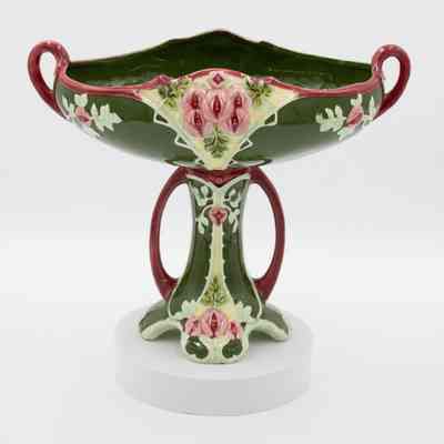 Green Ceramic Compote Vase with Pink Roses and Green Leaves