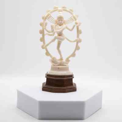 Carved Ivory Dancing Shiva Nataraja in Oval Arc Standing on One Leg on Wooden Base