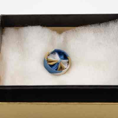 Mr. L.T. Jordan's Sons of the American Revolution membership rosette pin.: Image of the blue, yellow, and white rosette pin sitting in a padded box. The pin is approximately half an inch in diameter.