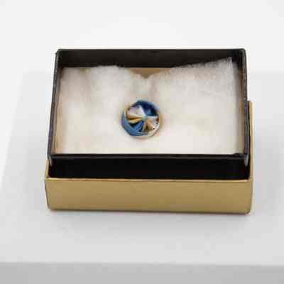 Mr. L.T. Jordan's Sons of the American Revolution membership rosette pin.: Image of the blue, yellow, and white rosette pin sitting in a padded box. The pin is approximately half an inch in diameter.