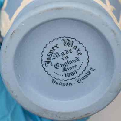 Jasperware stamp on bottom of pitcher: Black stamped elegant text, "Jasper Ware; made in England since 1800."