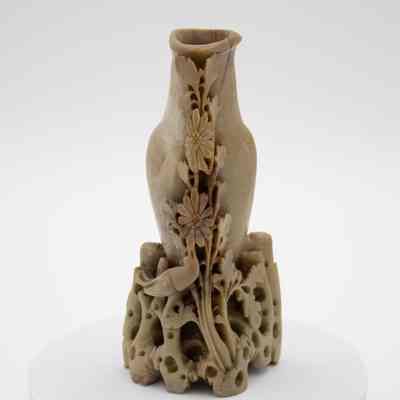 Light Brown Carved Soapstone Vase with Bird and Flowers