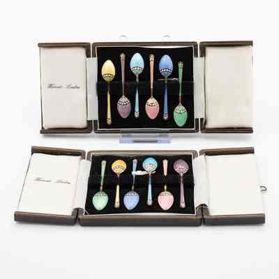 Pair of Set of Multicolored Cloisonné Demitasse Silver Spoons in Cases