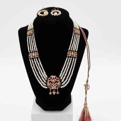 Gold and Pearl Rani Haar Necklace with Ruby and Diamond Stones and Matching Looped Pearl Earrings
