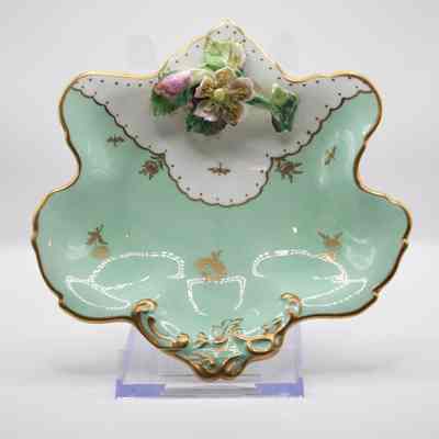 Teal and White Dish with Flowers and Gold Details