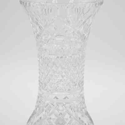 Wide Crystal Cut Vase with Geometric Design and Cut Edge