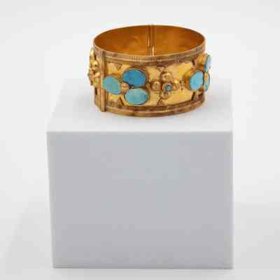 Large Gold Cuff Bracelet Set with Blue Stones