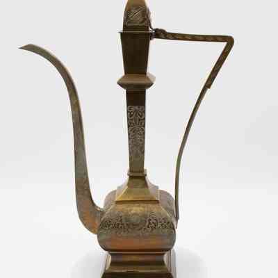 Large Brass Coffee Pot with Long Skinny Neck and Engraved Floral Design