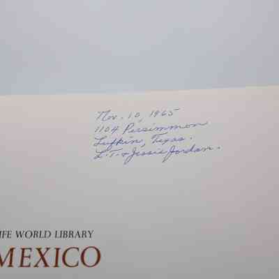 Inside Signature: Inside “Mexico” is writing in blue pen which reads "Nov 10, 1965 1104 Persimmon Lufkin, Texas. L.T. & Jessie Jordan."
