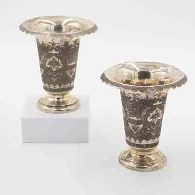 Pair of Silver Vases with Flared Rim and Etched with Geometric Design