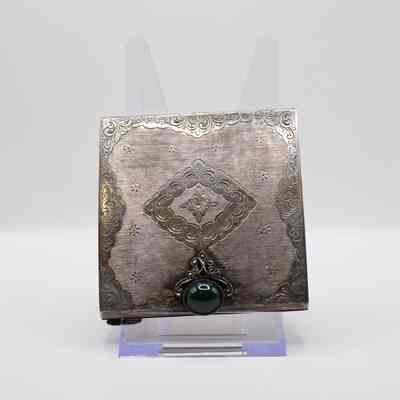 Square Silver Powder Compact with Green Stone and Engraved Geometric Design