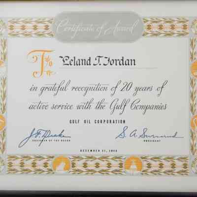 Close up of award details: "Certificate of Award; To Leland T. Jordan in grateful recognition of 20 years of active service with the Gulf Companies."