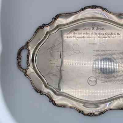 Large Oval Handled Silver Tray Engraved with Dedication to L.T. Jordan